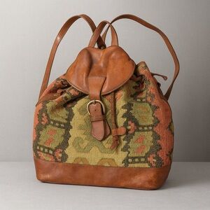Vintage Kilim Leather Backpack | Boho Nomad Southwestern Aztec Tapestry Bag